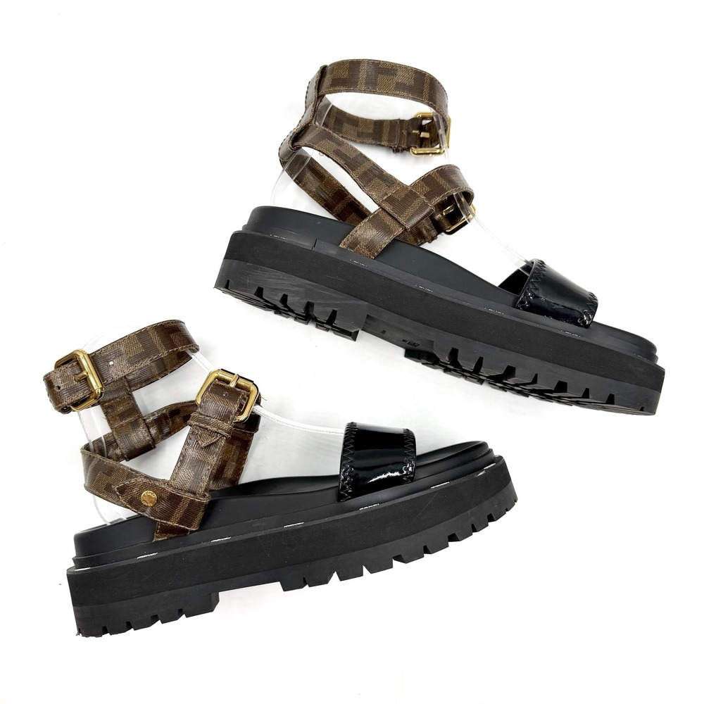 Fendi Zucca FF Platform Sandals Monogram Logo Brown Black Gladiator Sz 38 / 8 - Picture 5 of 13